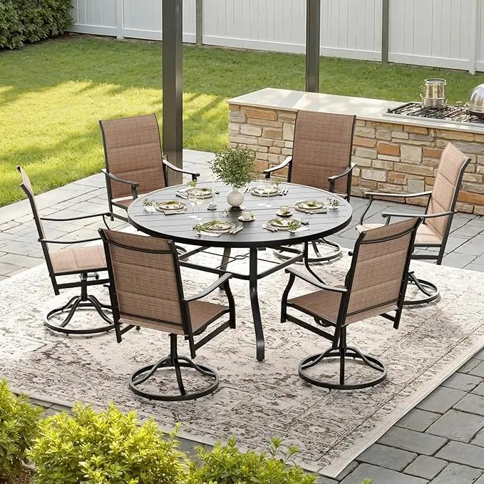 Farini 7-Piece Outdoor Dining Set for 6, 47" Round Table with 6 Swivel Chairs, All-Weather for Poolside, Backyard, Patio, Porch