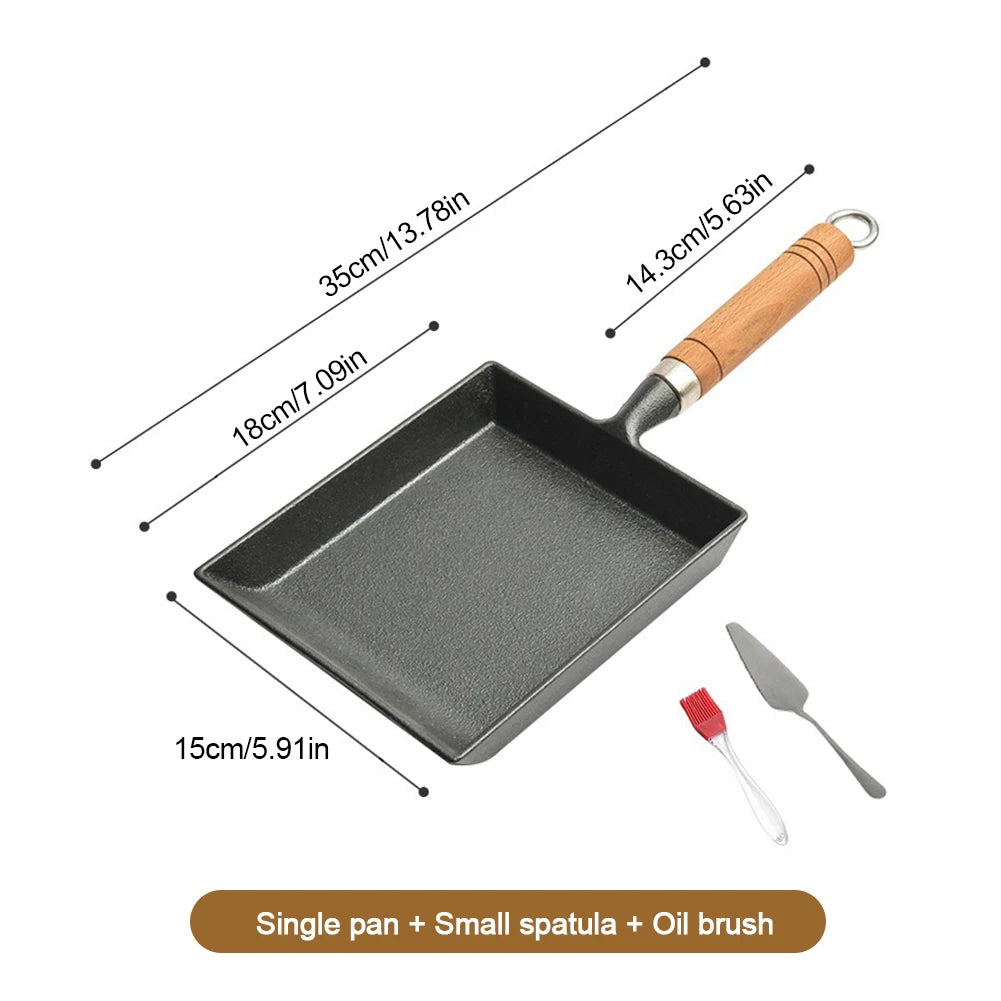 Cast Iron Tamagoyaki Pan Wood Handle Oven Safe with Oil Brush and Shovel Egg Omelette Pan Non Scald for Omelets, Steak & Camping