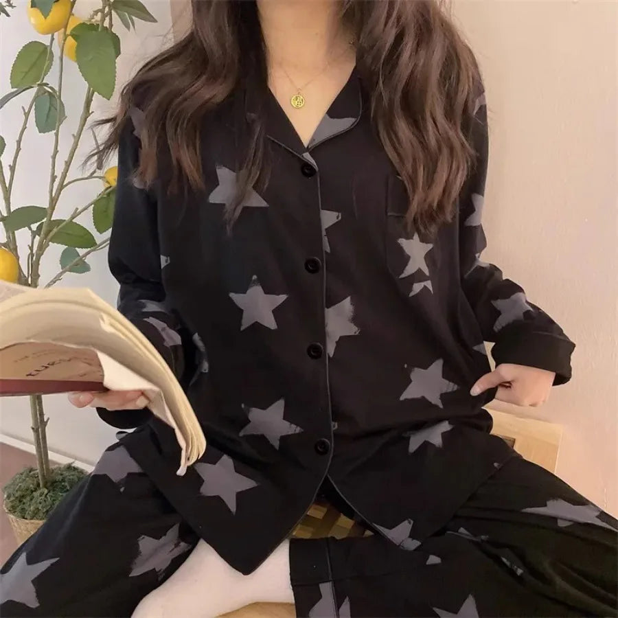 Korean Style Long-Sleeved Pajamas Set for Women Spring Autumn Homewear Comfortable Ladies Sleepwear Student Senior Casual Outfi