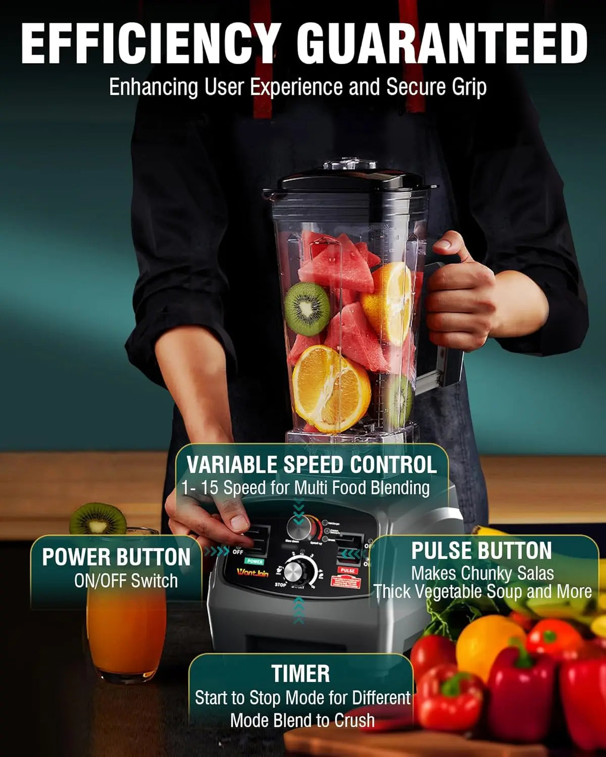 WantJoin Professional Blender, Commercial Blender for kitchen Max 1800W High Power Home and Commercial with Timer