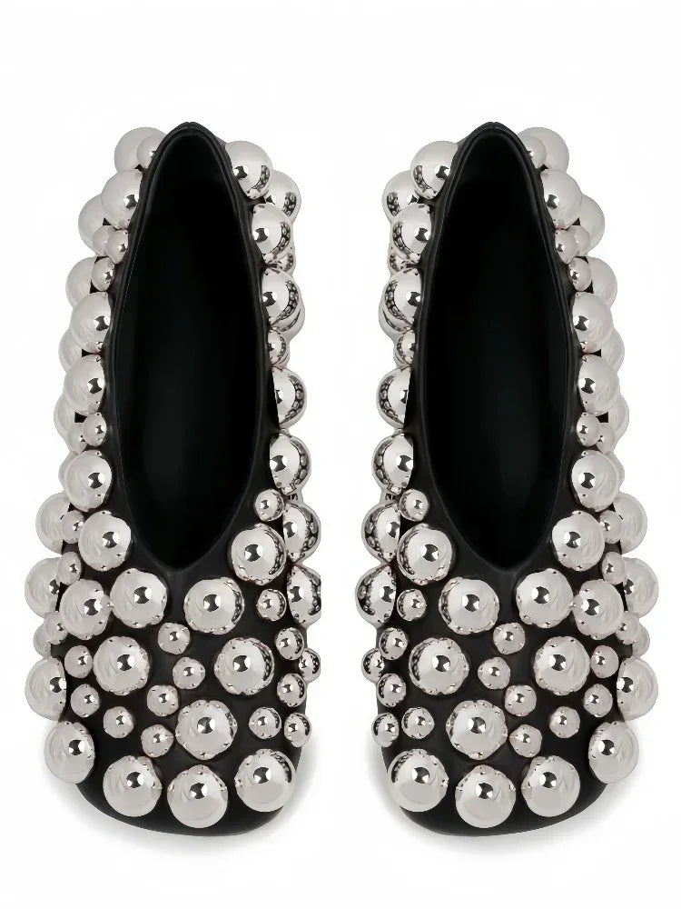 European AndAmerican Nichelightluxurycolorblocked Rivet Flat Bottomed Shallow Mouth Single Shoe Women's Fashion Runway Slippers