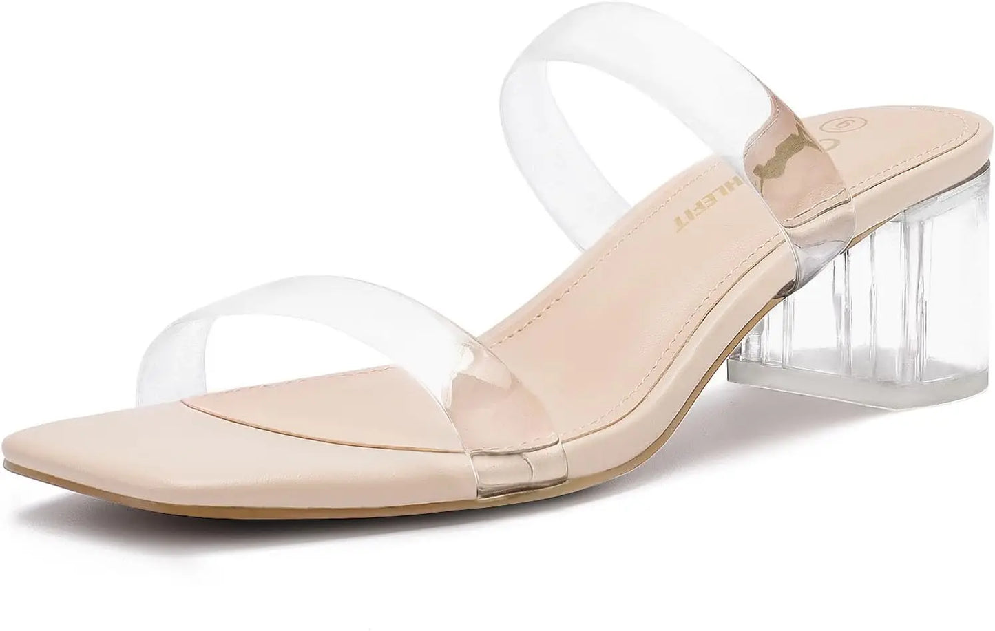 Women's Two Strap Open Toe Heels Sandals Chunky Block Comfortable Slip On Low Heel Dress Shoes