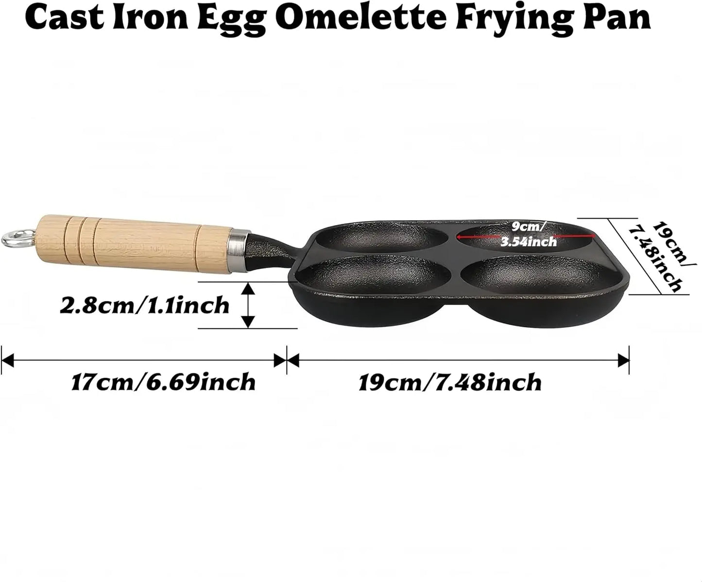 4-Cup Cast Iron Egg Pan, 4 Hole Frying Pan for Eggs & Pancakes, Works on Gas & Induction Stovetops