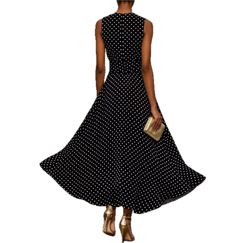 Polka Dot Maxi Dresses Women Elegant Square Neck Lotus Hem Long Gowns Chic Lady Sleeveless High Waist Cinched Summer Robes