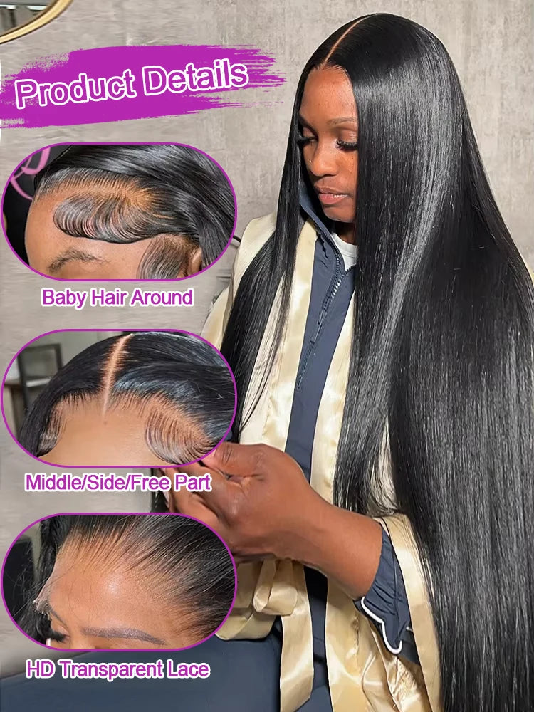 40 46 Inch Transparent 13x4 13x6 HD Bone Straight Lace Frontal Wigs 300% Density 360 Full Lace Front Human Hair Wigs For Women