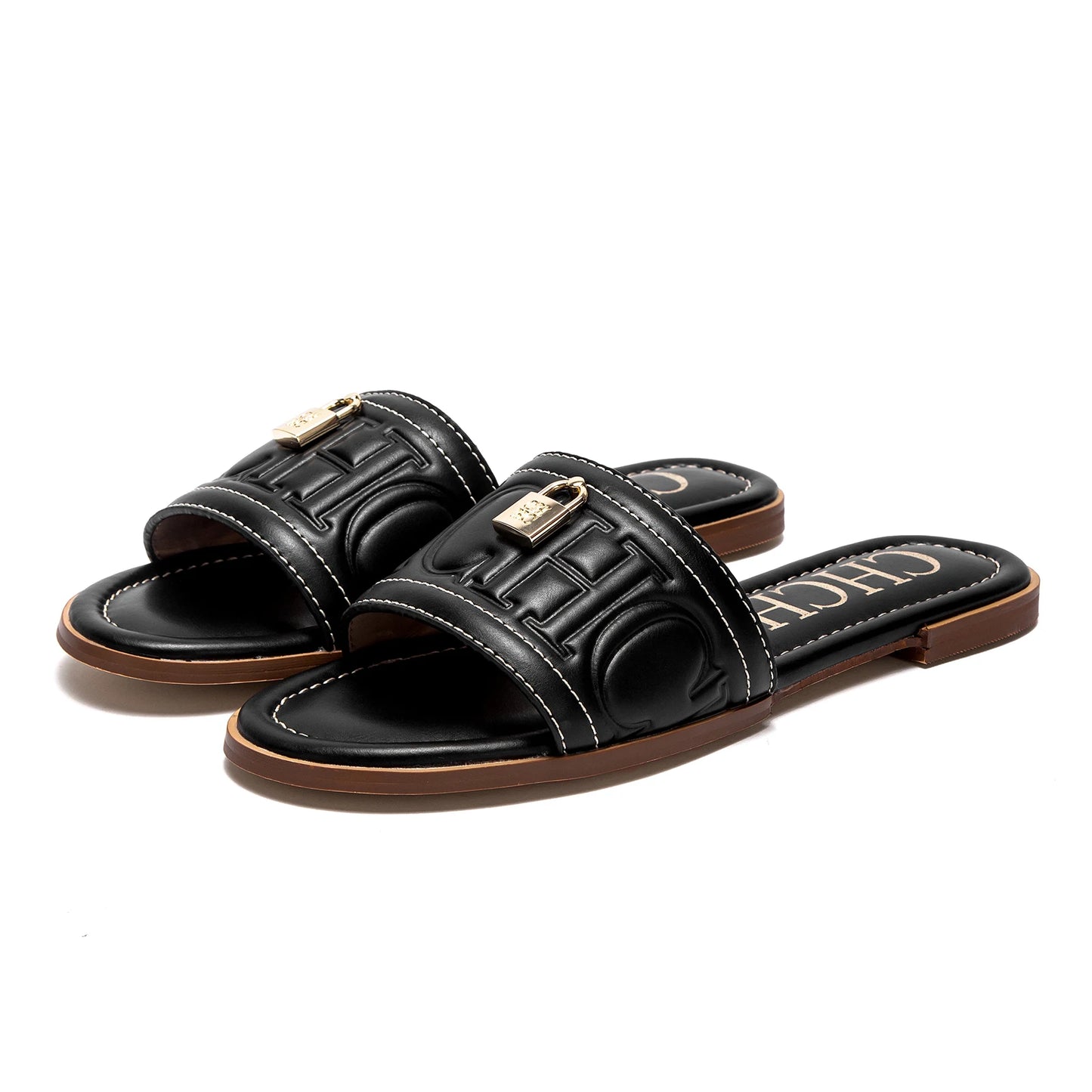 CHCH Women's Flat Shoes Summer New Solid Color Embossed Sandals Simple Fashion Slippers