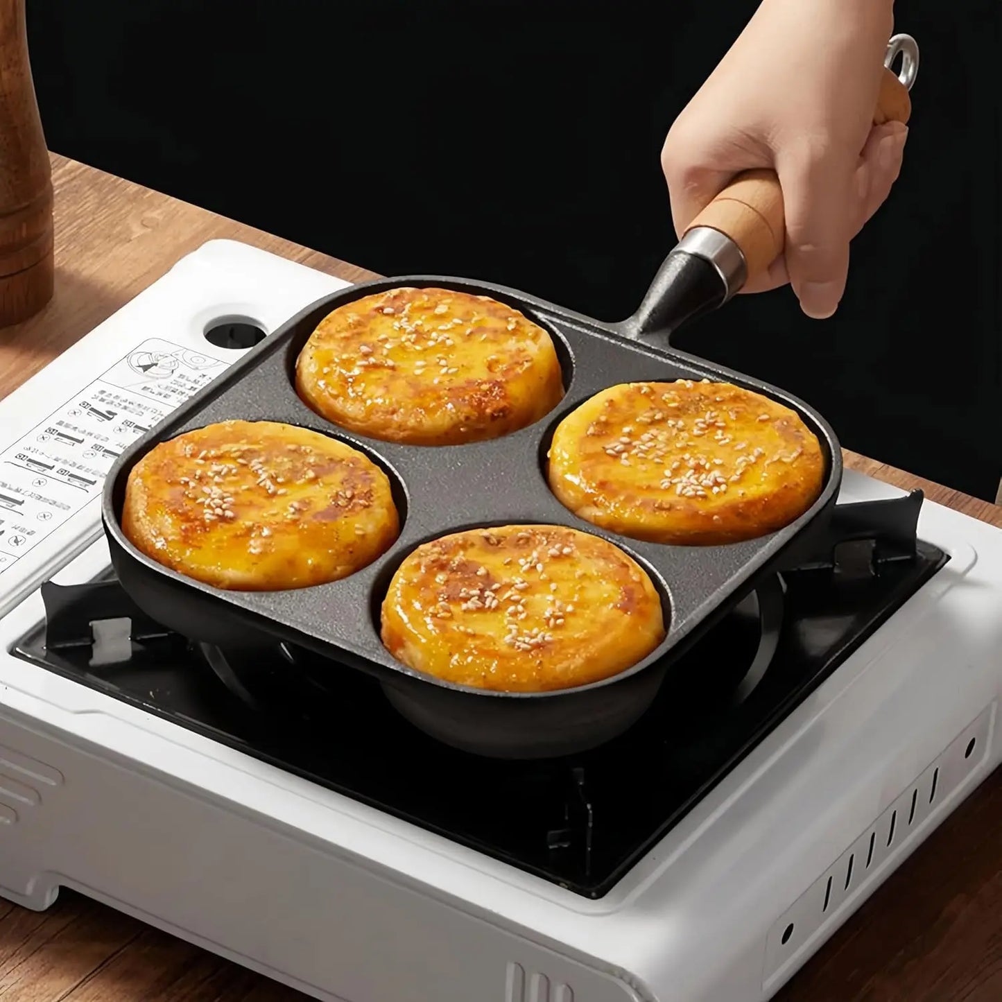 4-Cup Cast Iron Egg Pan, 4 Hole Frying Pan for Eggs & Pancakes, Works on Gas & Induction Stovetops