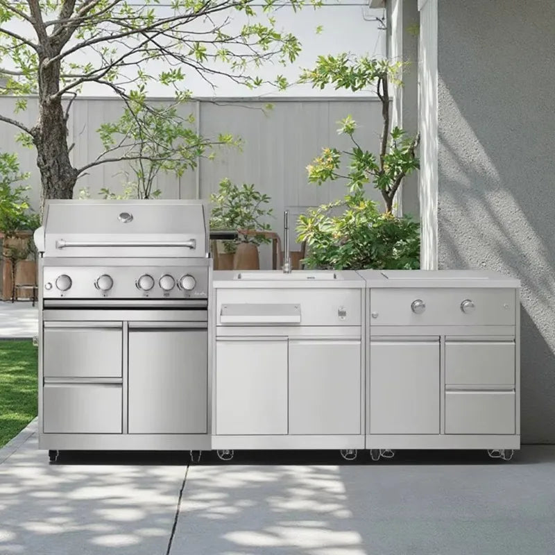 Custom 304 Stainless Steel Movable Modular Outdoor Kitchen BBQ Island Fireproof Cabinet Set With Drawers Hot Sale For Catering