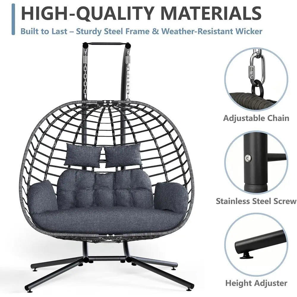Double Egg Swing Chair with Stand, Outdoor Patio 2 Person Hanging Wicker Hammock Chairs with Cushion or Indoor Bedroom, Lawn, Ga