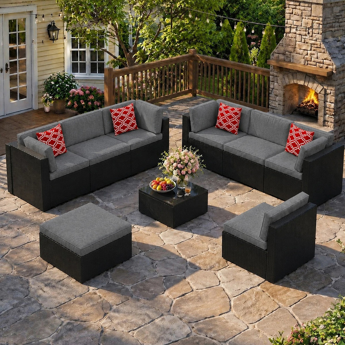 10/9 Piece Modular PE Wicker Patio Conversation Set, Outdoor Sectional Sofa with Removable Thick Cushions, Glass Top Coffee Side Tables, All Weather Rattan Furniture for Backyard Poolside Garden Deck