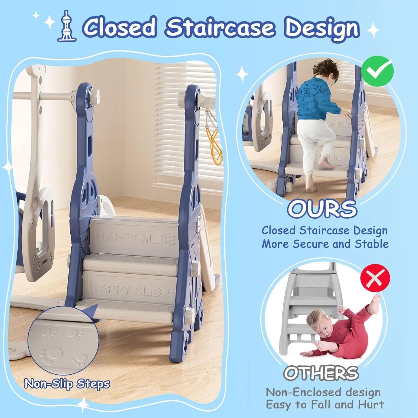 4 in 1 Toddler Slide and Swing Set, Baby Slide for Toddlers Age 1-2, with Basketball Hoop, Indoor Outdoor Toddler Playset Blue