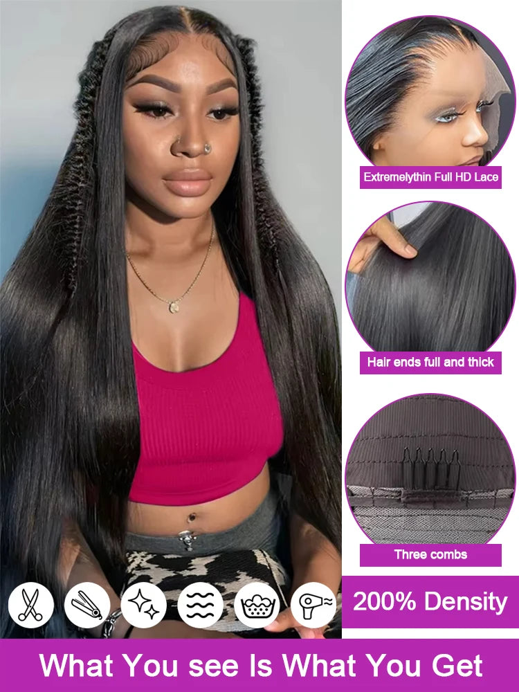 40 46 Inch Transparent 13x4 13x6 HD Bone Straight Lace Frontal Wigs 300% Density 360 Full Lace Front Human Hair Wigs For Women
