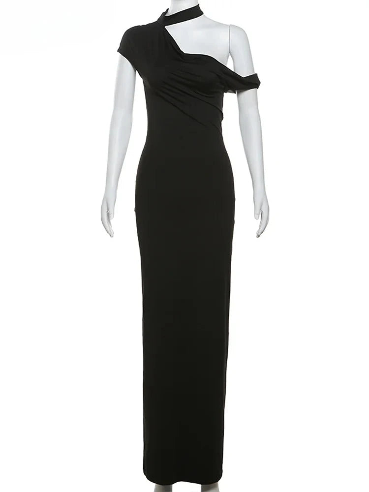 Weird Puss Incline Shoulder Dress Woman Summer Sexy Solid Irregular Collar Elegant Sleeveless Chic Party Skinny Evening Vestidos