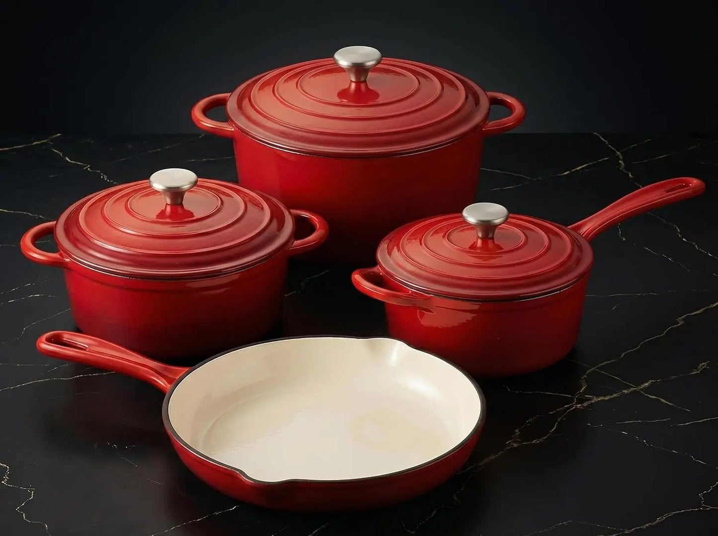 7-Piece Enameled Cast Iron Cookware Set with Lids, Nonstick Pots and Pans for Even Heating on All Stovetops, Red
