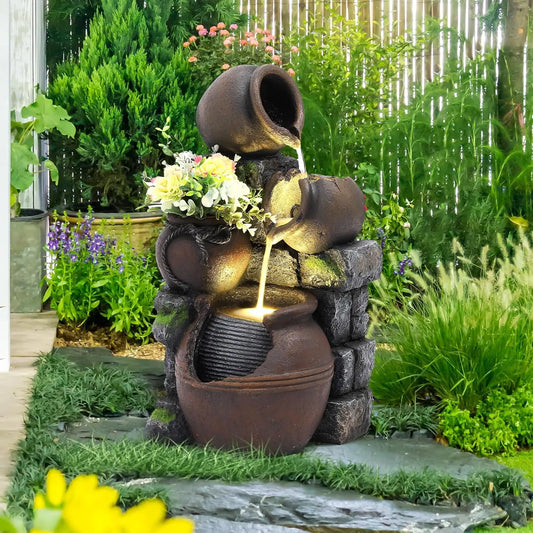 4-Tiers Garden Waterfall Fountain Outdoor - Water Fountains and Waterfalls, Outdoor/Indoor Floor Standing Resin Water Fountain w