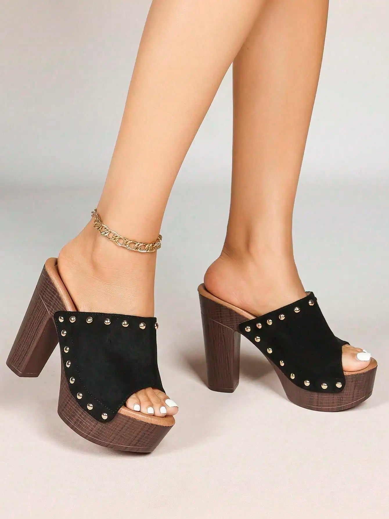 Women Bold Buckles Studded High Chunky Platform Heels For Women Fashion Comfort Slip On Round Open Toe Sandals