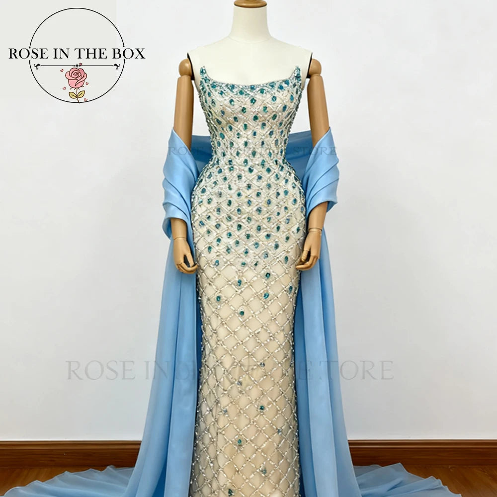 ROSEINTHEBOX Customized Exquisite Crystals Beaded Mermaid Evening Dresses with Light Blue Chiffon Shawl Formal robes de soirée