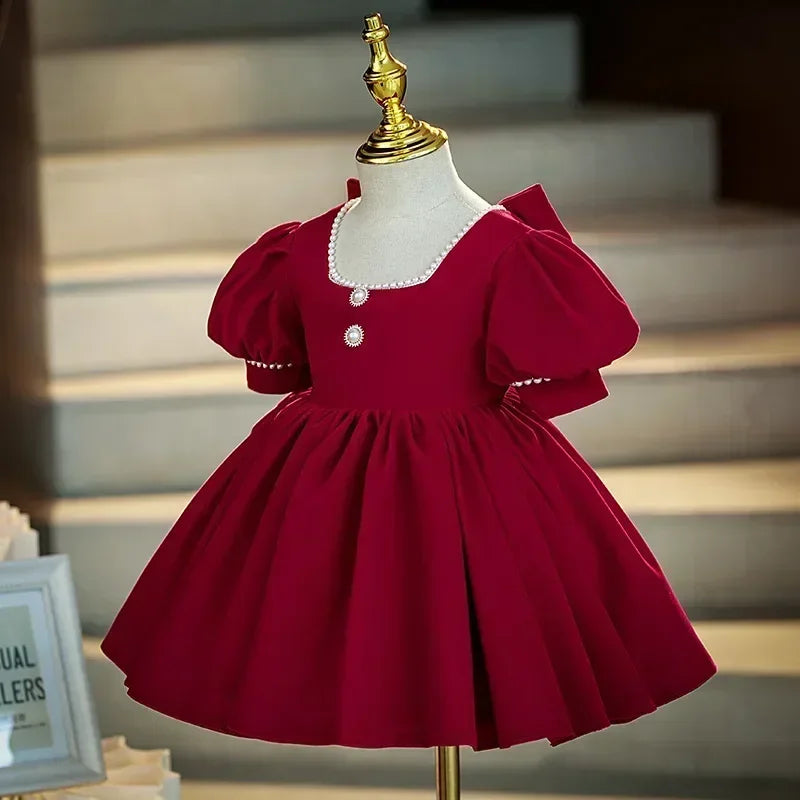 2025 Red Dress For Children Formal Party Dresses For Baby Girl ClothesKids With Big Bow Girls Teenagers Beading Plain Ball Gown