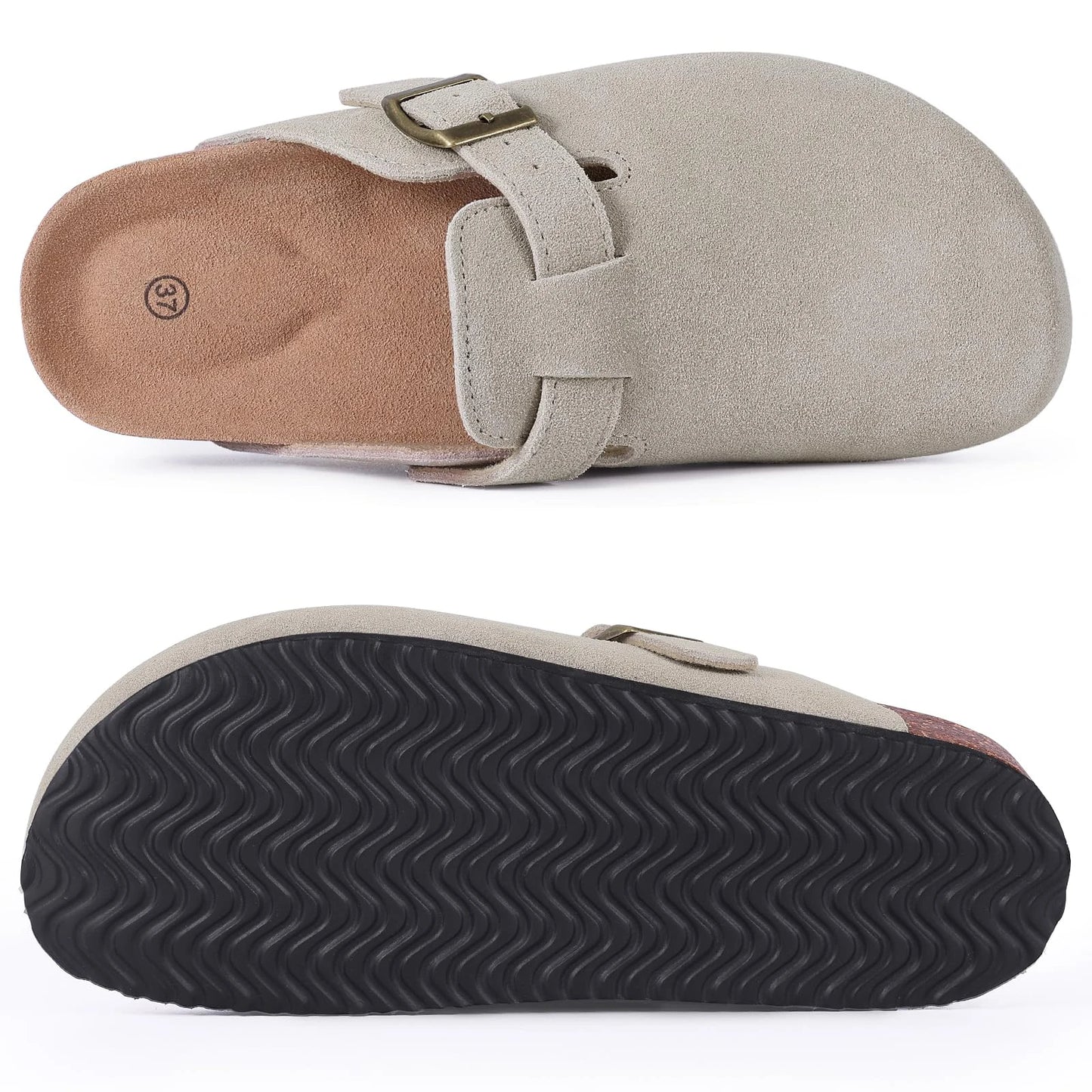 Bebealy Women's Genuine Clogs with Adjustable Strap Fashion Slip On Potato Shoes Cork Footbed Leather Mules With Arch Support