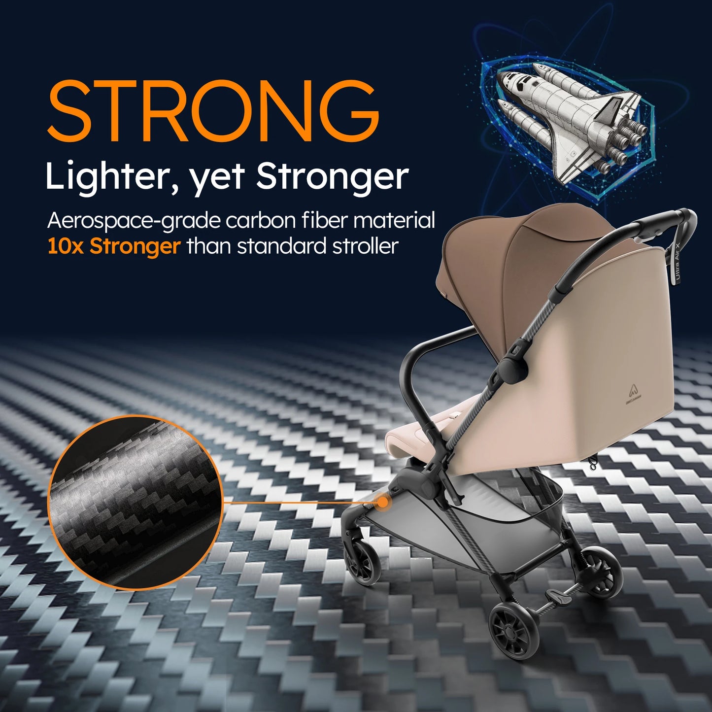 MAMAZING Ultra Air X Lightweight Travel Stroller 9.9lbs Carbon Fiber with UPF50+ Waterproof Fabric (BROWN)