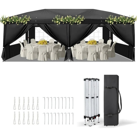 VINGLI 10x20 ft Pop Up Canopy Tent with 6 Sidewalls with Carry Bag, Outdoor Canopy Patio Event Tent Commercial Canopy(Black)