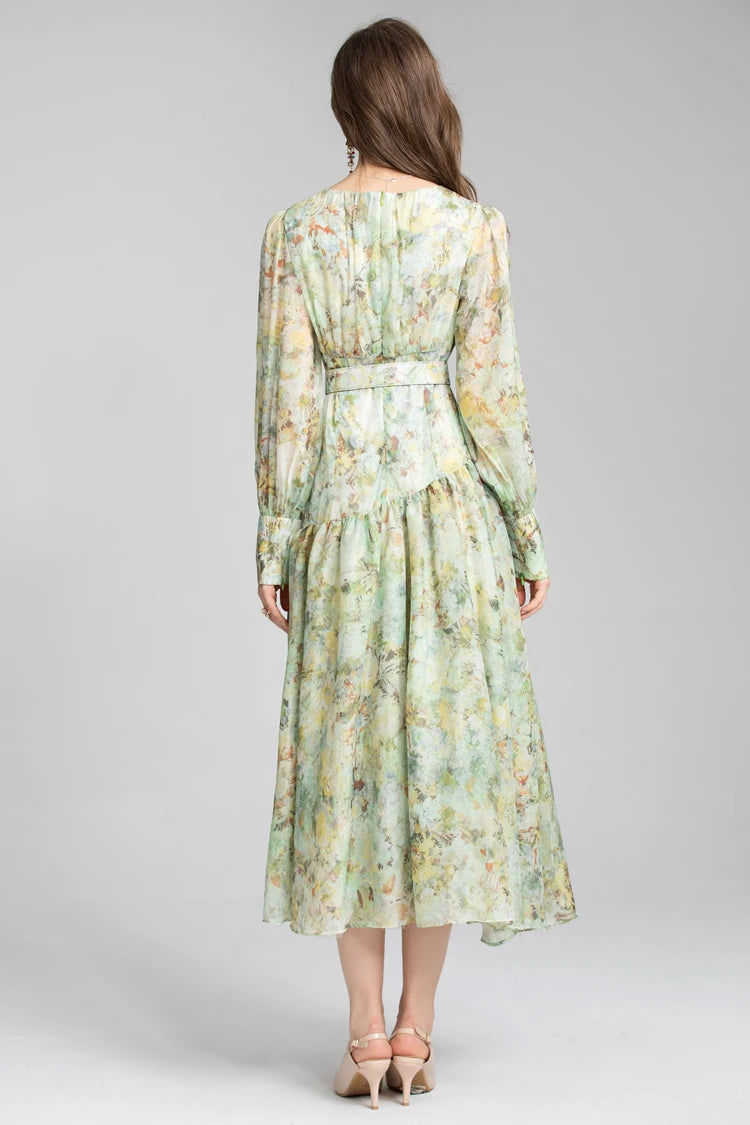 Women's Runway Dresses O Neck Long Sleeves Printed Drop Waist Elegant Fashion Designer Dress Vestidos
