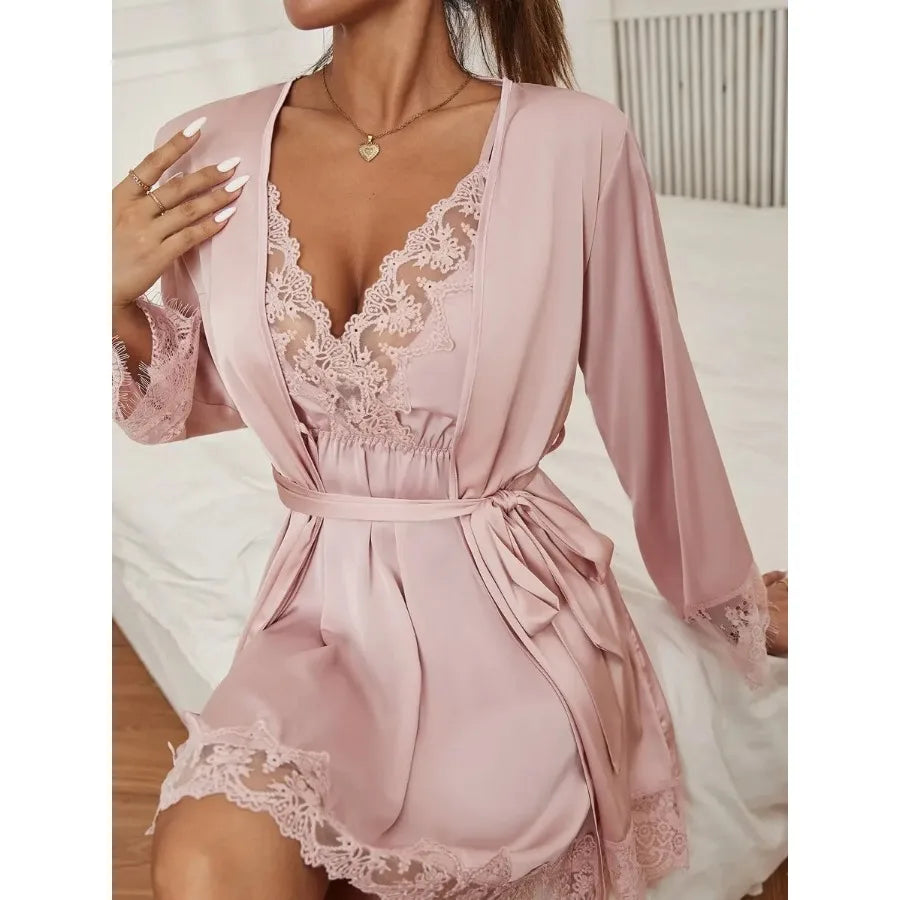 Teal Lace Trim Sleepwear Set With Robe For Women