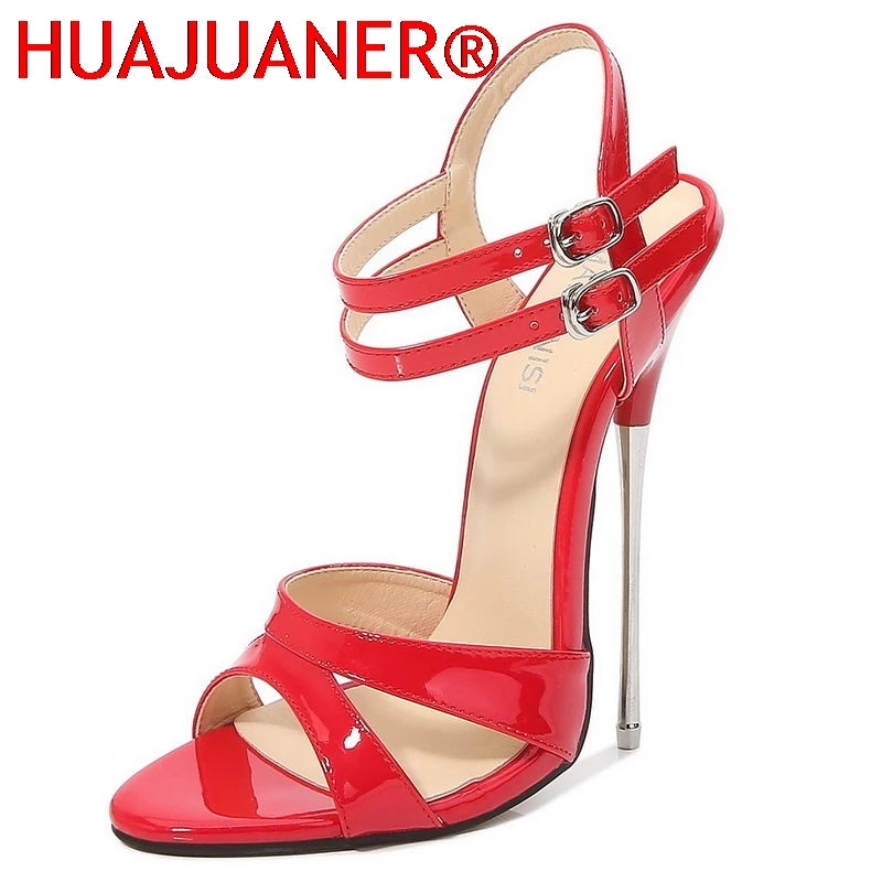 Women Metal High Heel Sandals Sexy Peep Toe Buckle Strap Stiletto Sandals for Nightclub Catwalk Show Princess Internet Celebrity