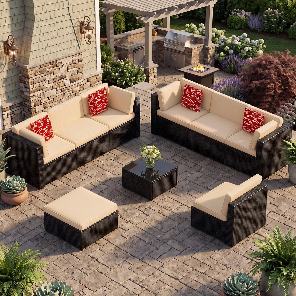 10/9 Piece Modular PE Wicker Patio Conversation Set, Outdoor Sectional Sofa with Removable Thick Cushions, Glass Top Coffee Side Tables, All Weather Rattan Furniture for Backyard Poolside Garden Deck