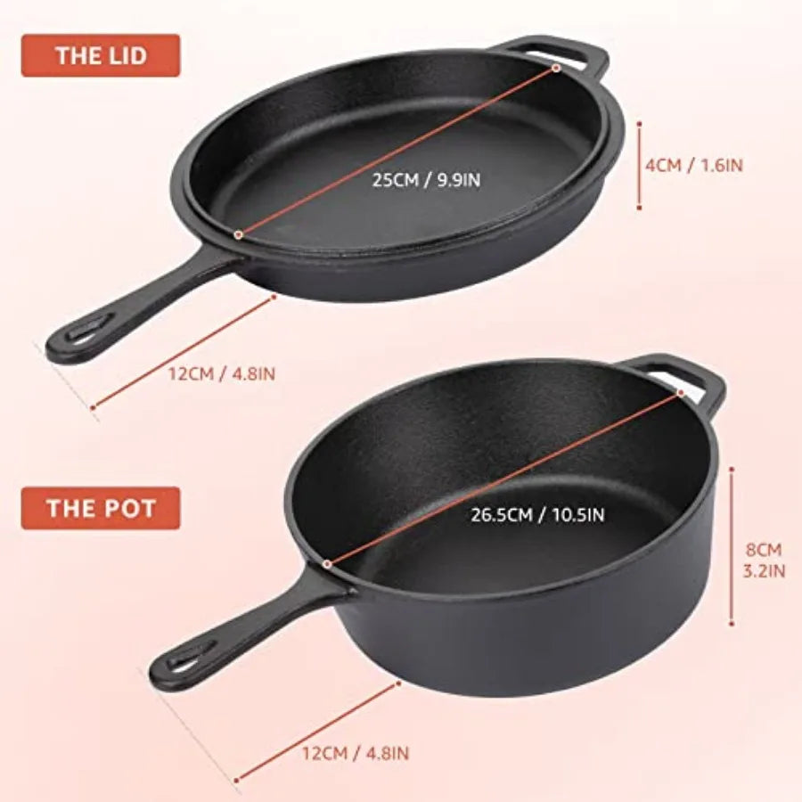 Cast Iron Skillet with Lid - 2-in-1 Cast Iron Dutch Oven - 3.2QT Deep Pot with Frying Pan - Pre-seasoned Cookware Multi Cooker