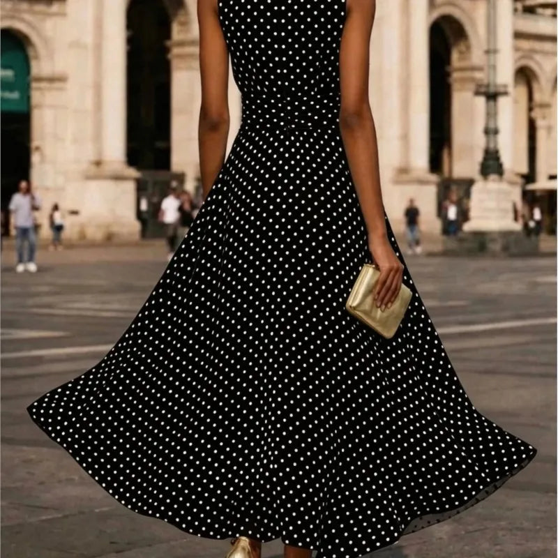 Polka Dot Maxi Dresses Women Elegant Square Neck Lotus Hem Long Gowns Chic Lady Sleeveless High Waist Cinched Summer Robes