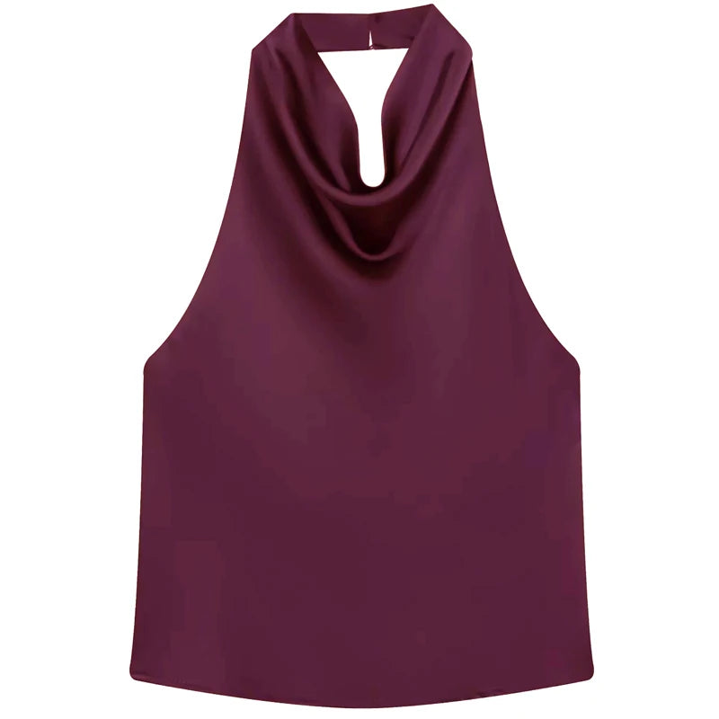 HXAO 2025 Women Satin Halter Top Summer Black Yellow Tanks & Camis Off Shoulder Crop Tank Top Fashion Sleeveless Backless Vests