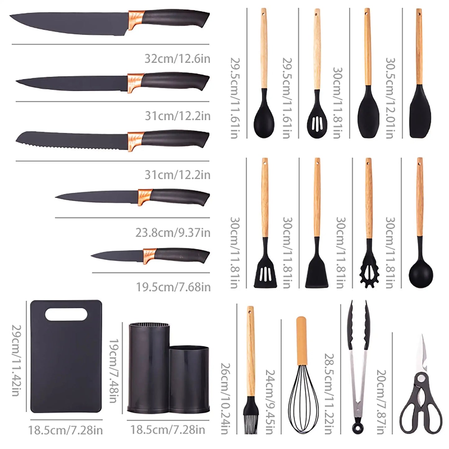 19Pcs Kitchen Knife Block Set,Sharp Stainless Steel Knives with Cutting Board & Scissors,All-in-One Kitchen Starter Set.