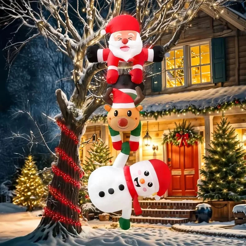 2.4M Inflatable Christmas Climbing Santa Claus with Reindeer & Snowman,Built-in LED for Outdoor Beam Roof Tree Party Yard Decor