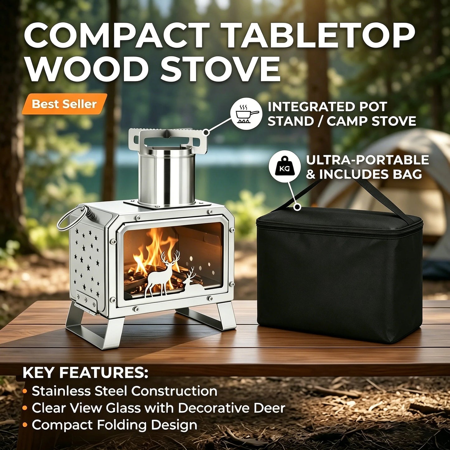 Portable Stainless Steel Foldable Square Outdoor Firewood Burner Stove for Picnic Hiking Camping Outdoor Kitchen Accessories