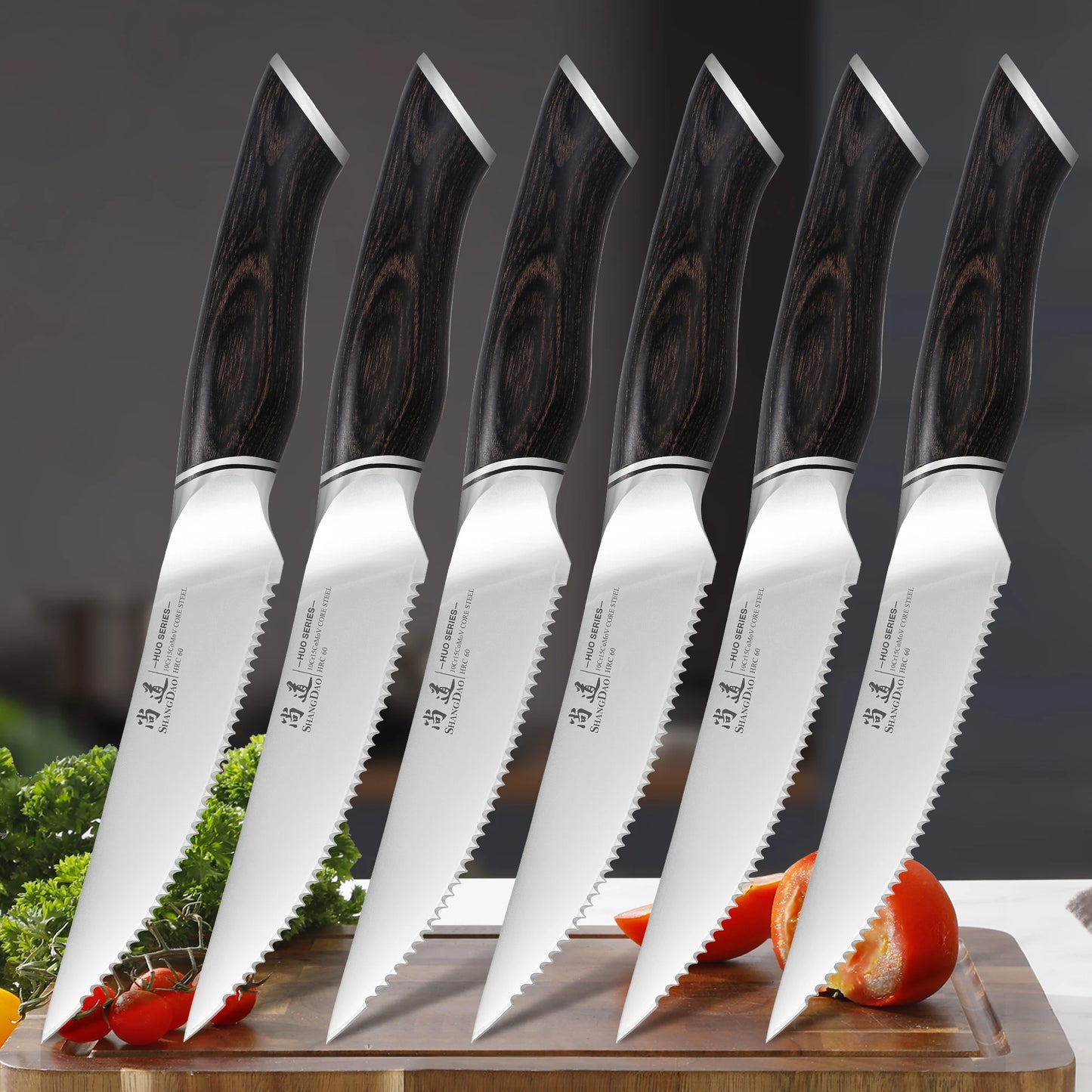 SHANGDAO Set of 6 Steak Knife ,High Carbon 10Cr15CoMoV Core  Steel with Pakkawood Handle & Professional 4.5 Inch Steak Knife