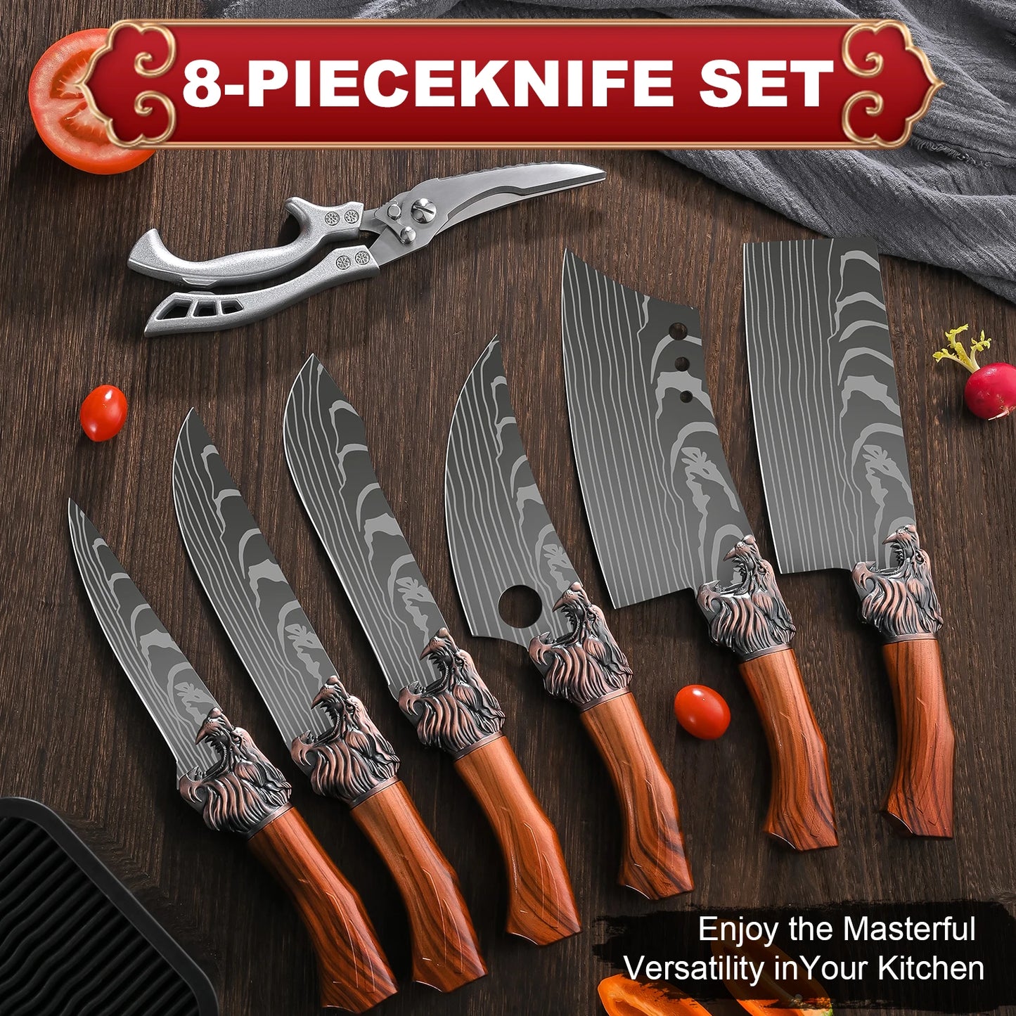 Stainless Steel Kitchen Knife Set, with Block G14 - Japanese Style, Sharp and Durable, with Non-Slip Ergonomic Handle - Perfect for Home Cooking and Baking, Kitchen Knives