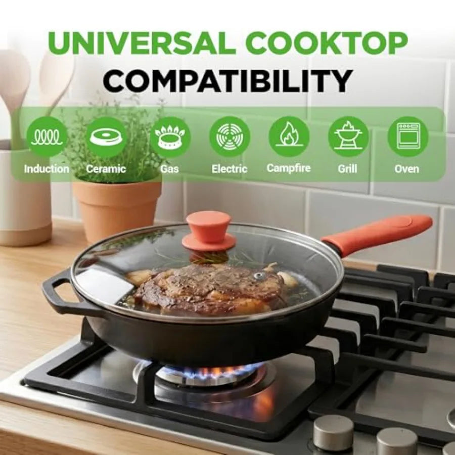 10 Inch Cast Iron Skillet with Lid - Pre-Seasoned Small Fry Pan with Side Drip Spout and Silicone Handle