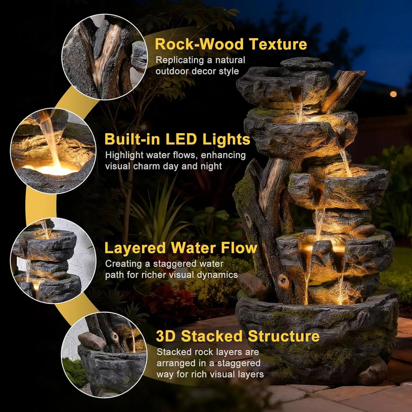 Large Water Fountain Outdoor - 5 Tiers Cascade Floor Standing Rock Wood Like Waterfall Fountain with LED Lights, Custom