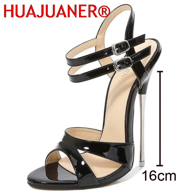 Women Metal High Heel Sandals Sexy Peep Toe Buckle Strap Stiletto Sandals for Nightclub Catwalk Show Princess Internet Celebrity