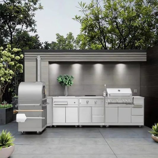 Custom 304 Stainless Steel Movable Modular Outdoor Kitchen BBQ Island Fireproof Cabinet Set With Drawers Hot Sale For Catering