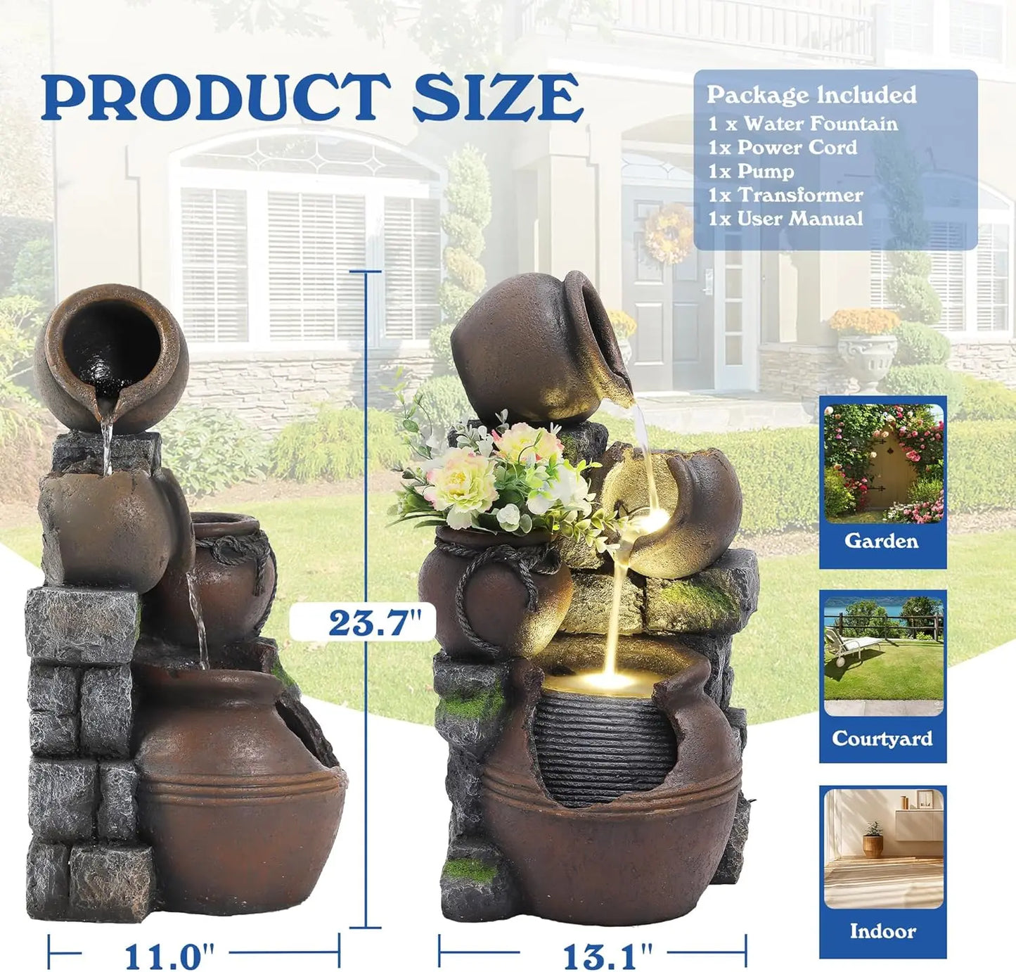 4-Tiers Garden Waterfall Fountain Outdoor - Water Fountains and Waterfalls, Outdoor/Indoor Floor Standing Resin Water Fountain w