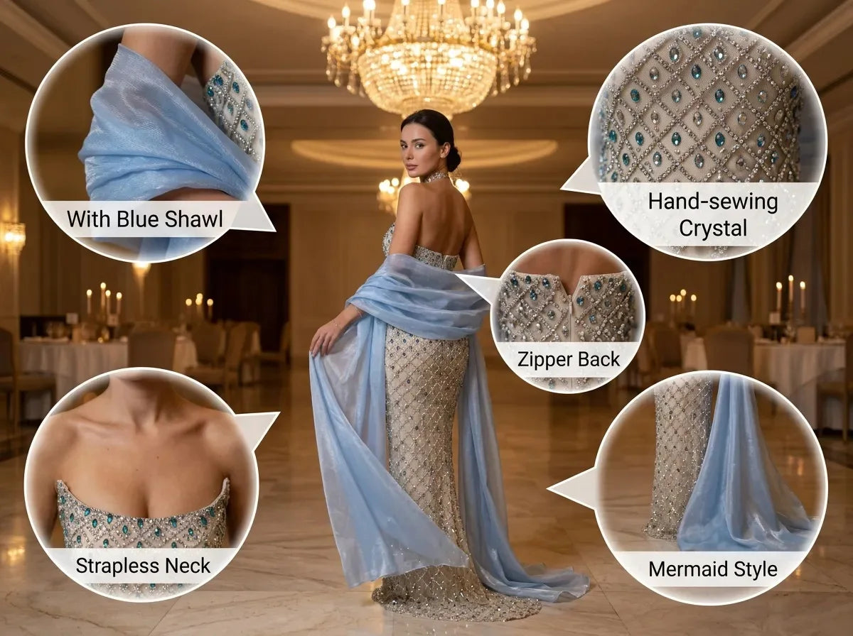 ROSEINTHEBOX Customized Exquisite Crystals Beaded Mermaid Evening Dresses with Light Blue Chiffon Shawl Formal robes de soirée