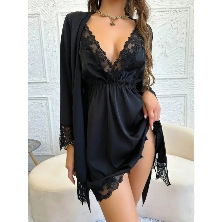 Teal Lace Trim Sleepwear Set With Robe For Women