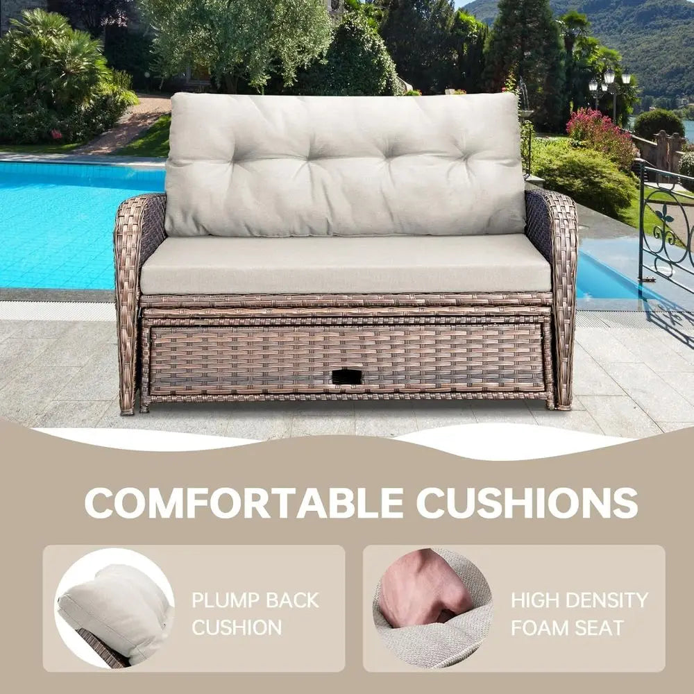 Outdoor Daybed, Patio Daybed Wicker Recliner or Two with Multiunctional Recliner and Stowable Side Tray, 5 Level Adjustable Back