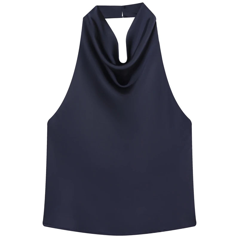 HXAO 2025 Women Satin Halter Top Summer Black Yellow Tanks & Camis Off Shoulder Crop Tank Top Fashion Sleeveless Backless Vests
