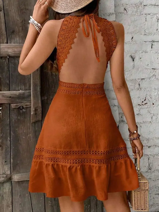 Vintage Style Womens Lace Backless Mini Dress Beach Vacation Outfit