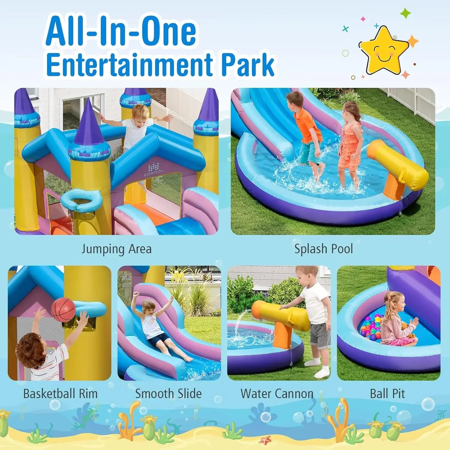 Inflatable Water Slide, 2 in 1 Castle Bounce House Water Slide with Ball Pit & Splash Pool for Kids Outdoor Fun, Bouncy Castle W