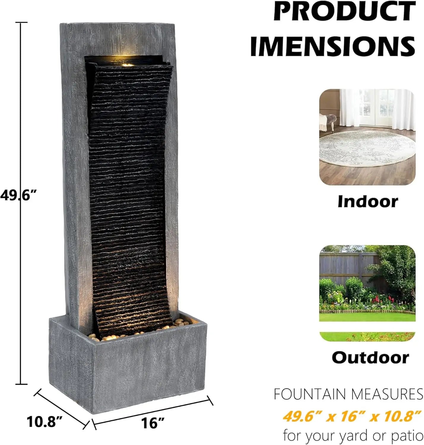 49.6''H Cascading Rock Water Fountain Outdoor Garden Waterfall with Lights, Fountain Indoor Decor for Garden, Patio, Backyard, D