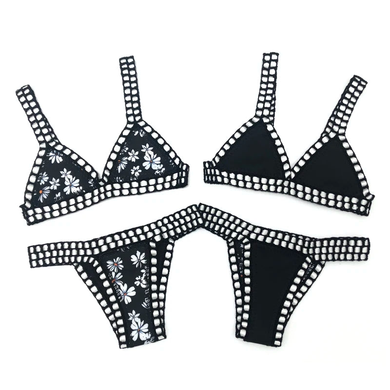 Reversible Leopard Handmade Crochet Bikinis Set Black Poolside Swimwear Blue Paisley Luxury Swimsuit maillot de bain femme